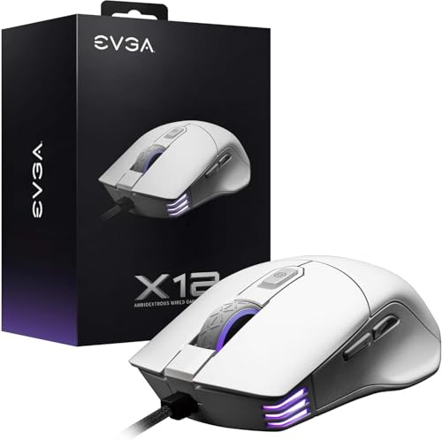 EVGA X12 Gaming Mouse, 8k, Wired, White, Customizable, Dual Sensor, 16,000 DPI, 5 Profiles, 8 Buttons, Ambidextrous Light Weight, RGB